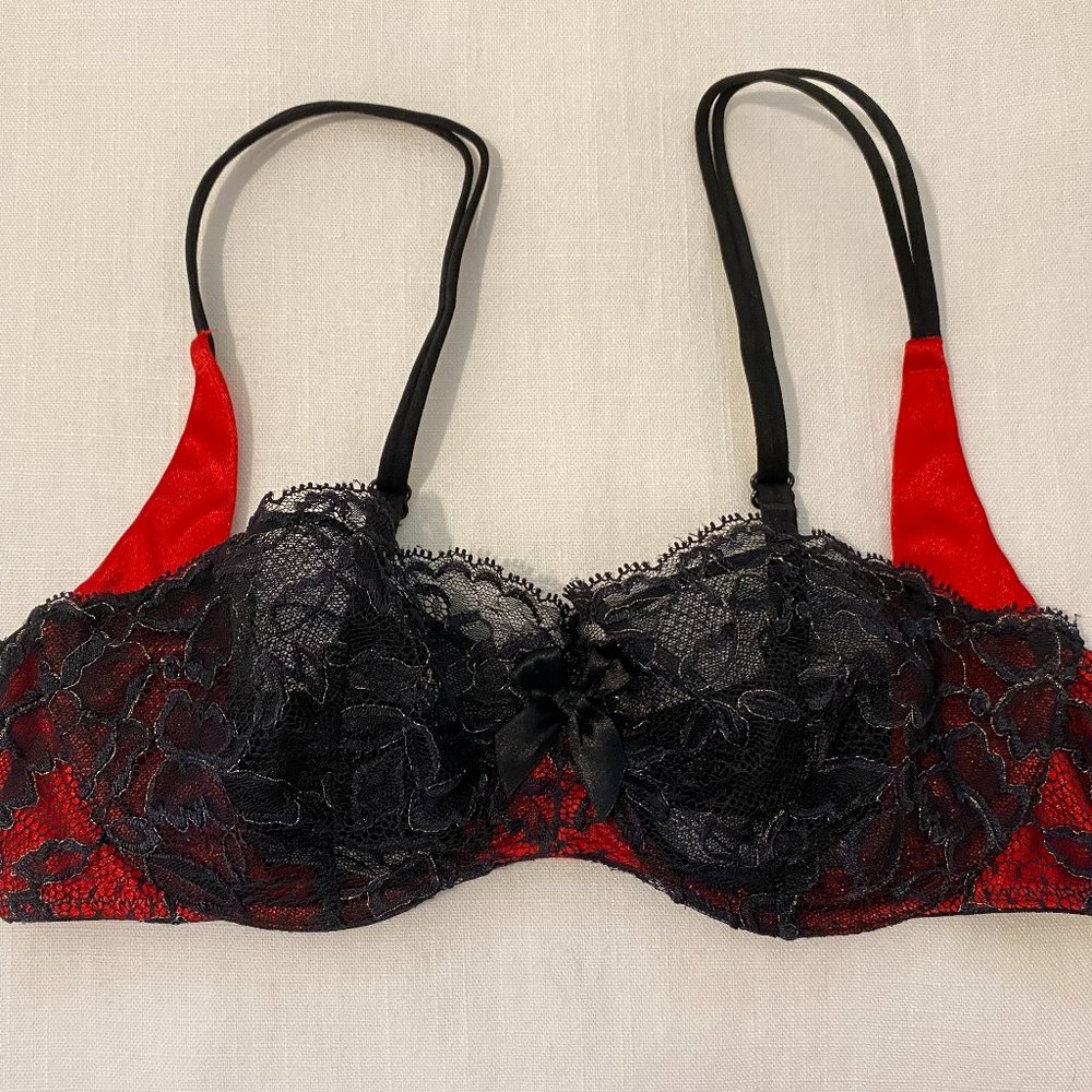 Victoria's Secret - Red and Black - Satin, Mesh, Lace - Unlined Bra - Size 34C